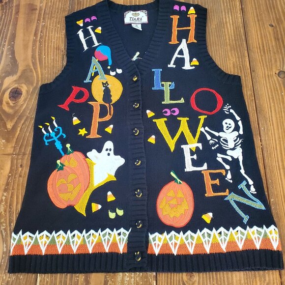 Vintage Tiara Womens Halloween Vest Black Knitted Button Front Ghost Pumpkin Ske - Picture 1 of 16